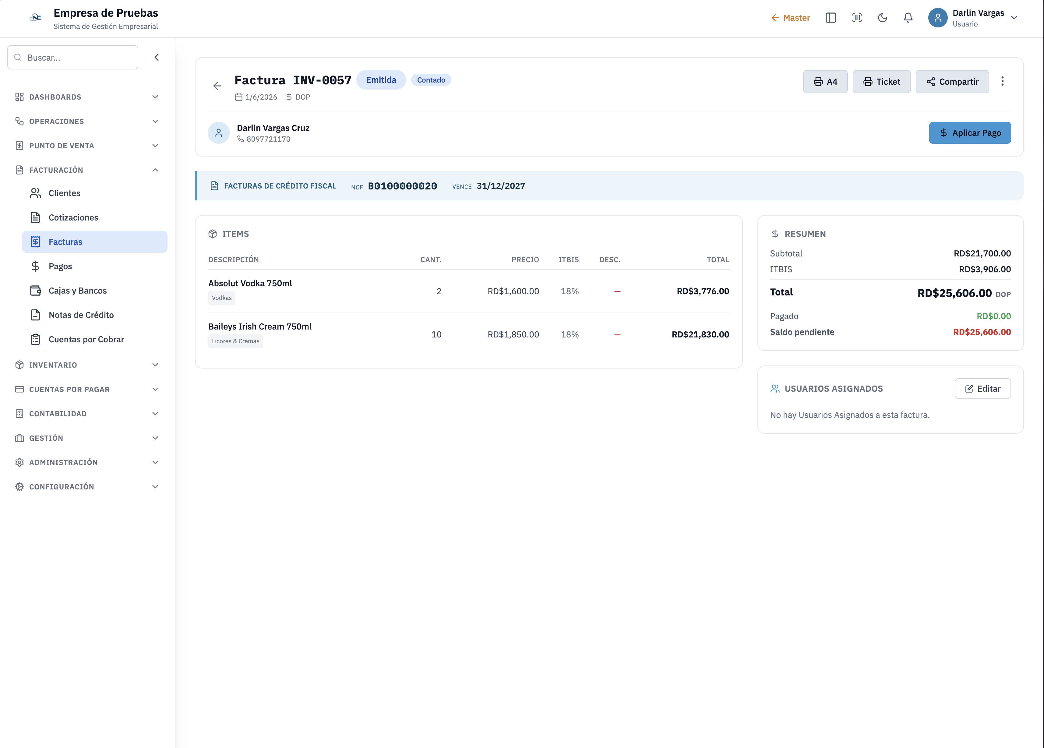 Pantalla de Factura con e-NCF en NCFacil